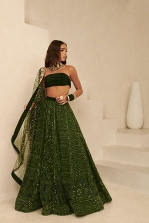 Emerald Mirror Embellished Velvet Lehenga Set