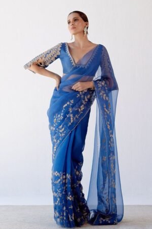 Royal Blue Organza Saree with Embroidered Blouse
