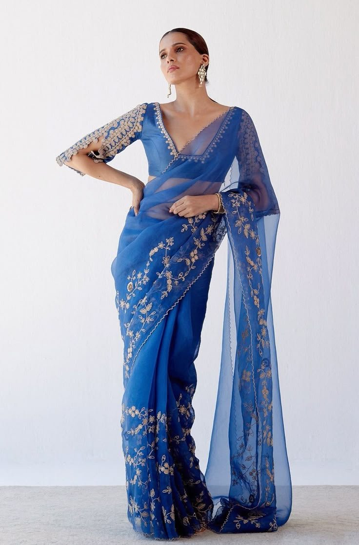 Royal Blue Organza Saree with Embroidered Blouse