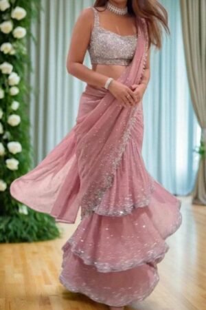 Blush Pink Ruffled Saree with Sequined Blouse