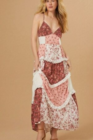 Boho Patchwork Floral Ruffle Maxi Dress
