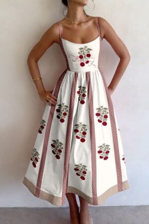 Fresh Cherry Striped Print Midi Dress