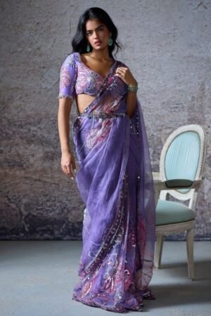 Lavender Embroidered Net Saree with Designer Blouse