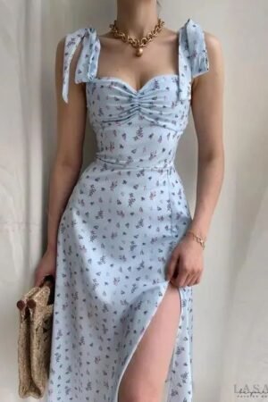 Sky Blossom Ruched Floral Slit Dress