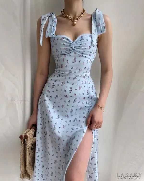 Sky Blossom Ruched Floral Slit Dress
