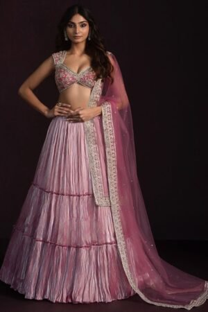 Dusty Pink Embroidered Organza Lehenga Set