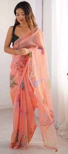 Peach Pastel Floral Organza Saree