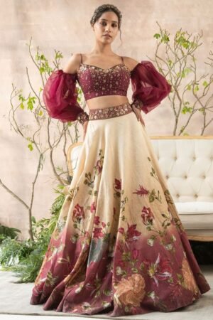 Maroon & Beige Floral Printed Embroidered Lehenga Set