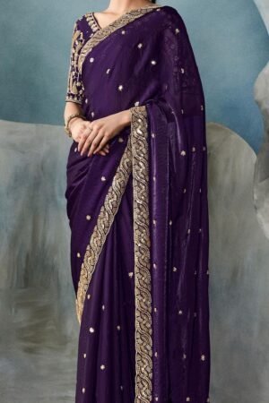 Royal Purple Embellished Silk Saree Set