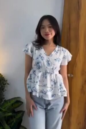 White Blue Floral Peplum Top