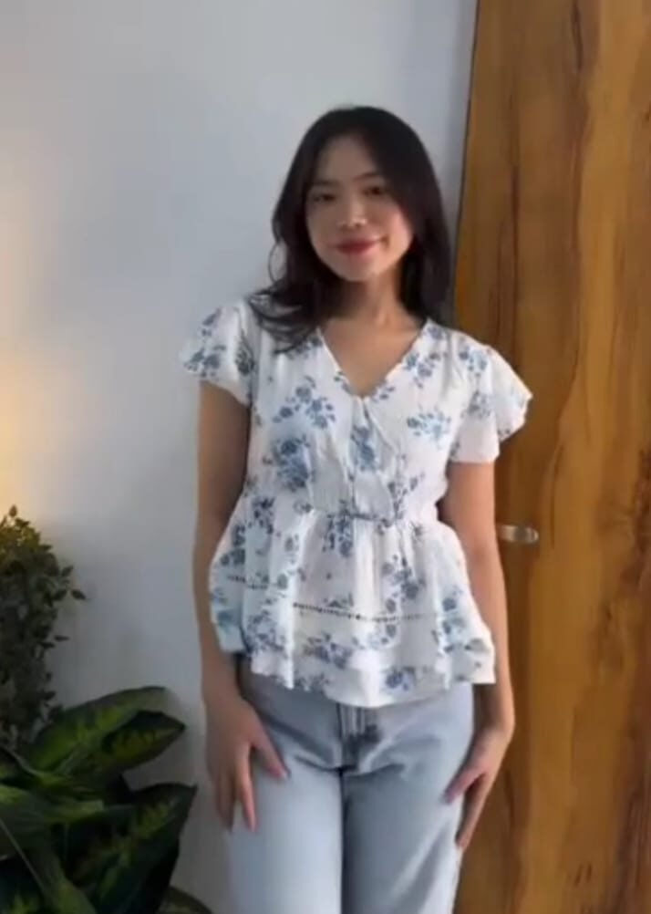 White Blue Floral Peplum Top