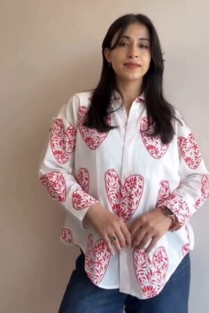 White Oversized Shirt with Red Floral Heart Print