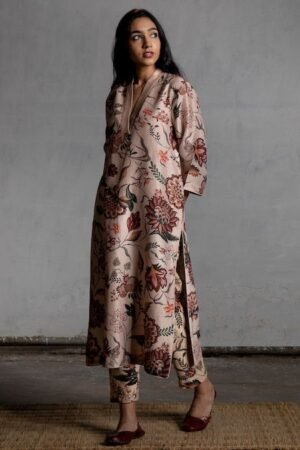Blush Beige Floral Printed Straight Kurta Set