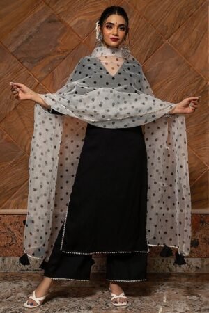 Black Polka Dot Sharara Set with Sheer Dupatta