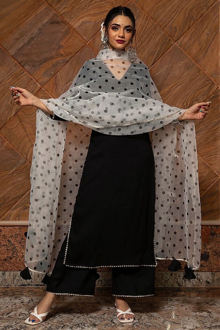 Black Polka Dot Sharara Set with Sheer Dupatta