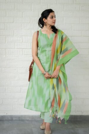 Pastel Green Ikat Cotton Suit Set