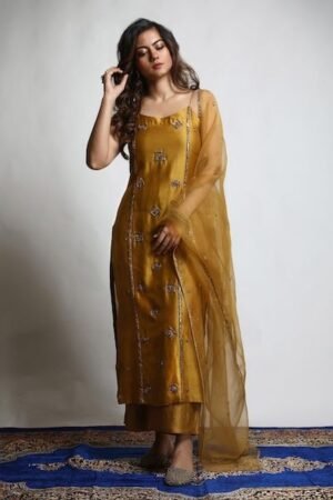 Mustard Yellow Embellished Straight Kurta Set with Dupatta