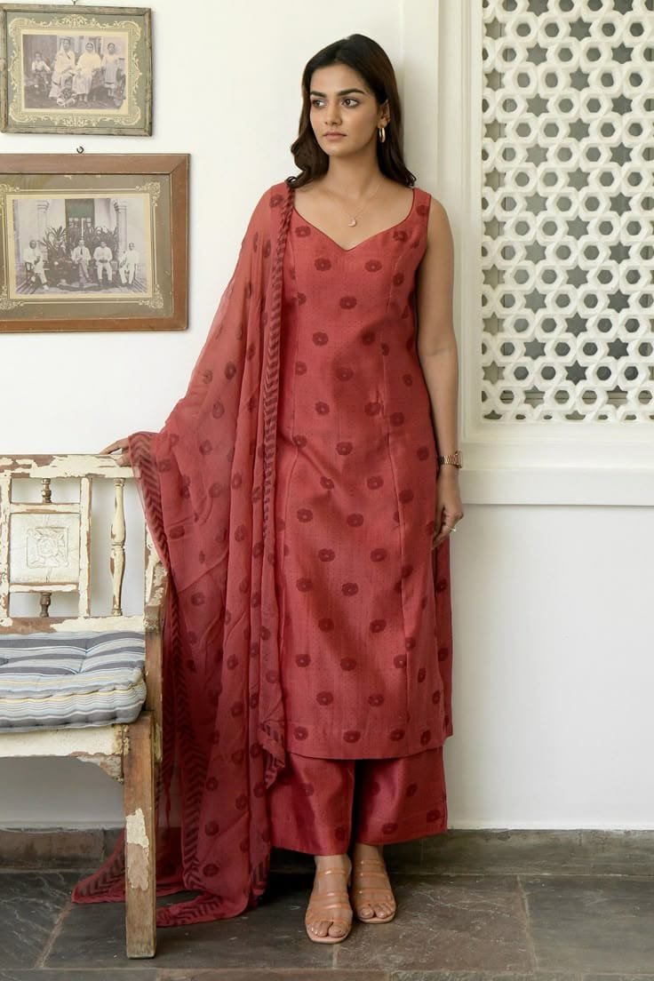 Rust Red Polka Handloom Kurta Set with Dupatta