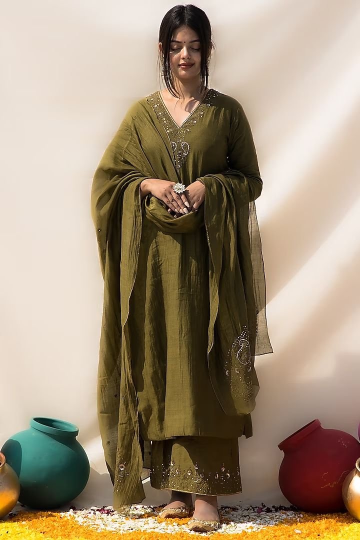 Embroidered Olive Green Kurta Set with Dupatta