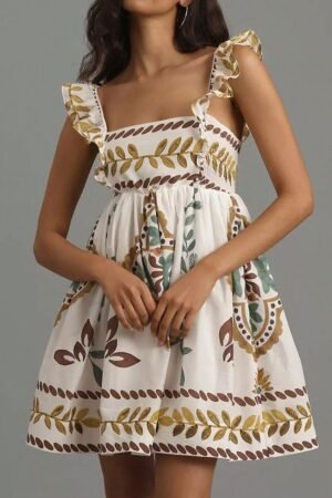Bohemian Leaf Print Ruffle Mini Dress
