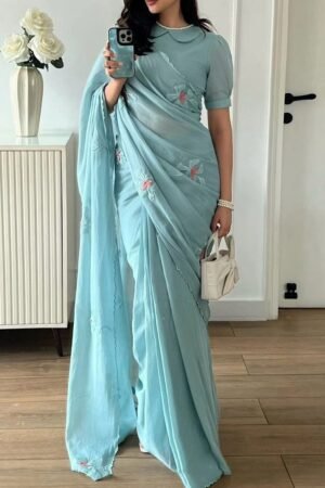 Powder Blue Soft Cotton Saree with Floral Embroidery