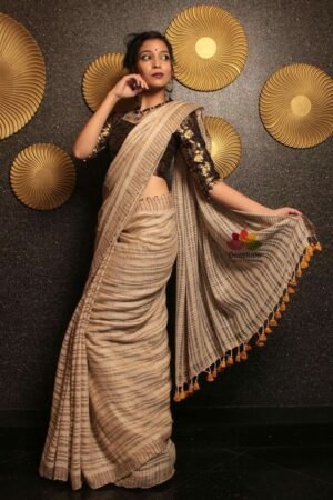 Beige Handwoven Striped Saree with Contrast Embroidered Blouse