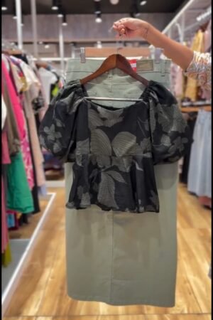Chic Black Floral Top with Olive Green Skirt Set