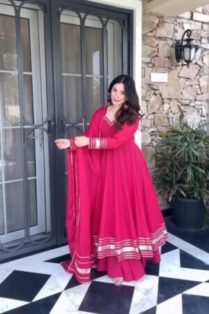 Bright Pink Anarkali Suit with Golden Border