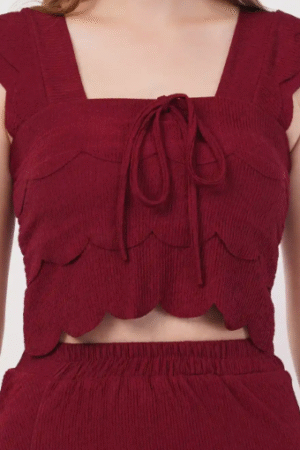 Maroon Scalloped Crop Top with Tie-Front Detail