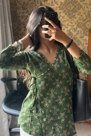 Green Floral Printed V-Neck Cotton Top
