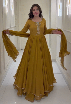 Mustard Yellow Flared Anarkali Gown with Dupatta