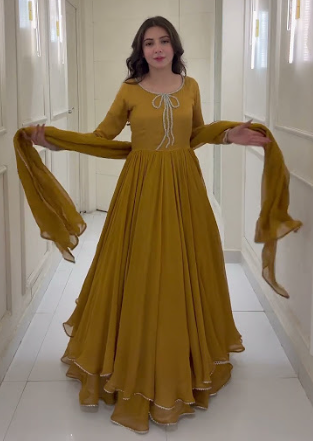 Mustard Yellow Flared Anarkali Gown with Dupatta