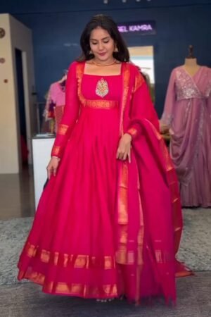 Traditional Rani Pink Silk Anarkali with Zari Border