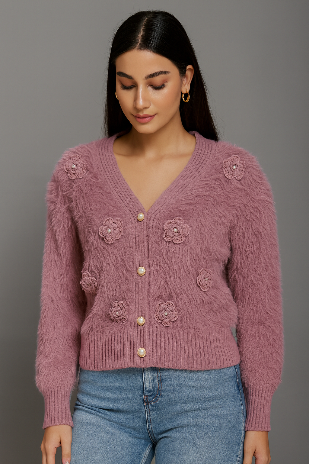 Soft Mauve Floral Embellished Fuzzy Knit Cardigan