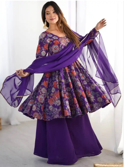 Purple Floral Anarkali Set with Dupatta