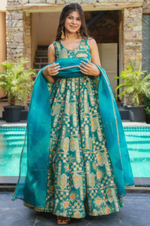 Teal & Gold Printed Anarkali Set with Dupatta
