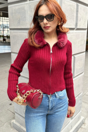 Red Knit Cardigan with Faux Fur Collar