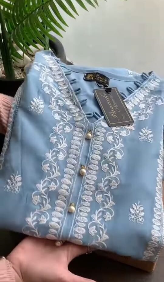Sky Blue Embroidered Kurta with Button Placket