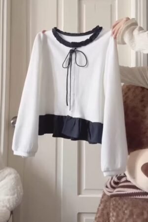 White Long-Sleeve Blouse with Black Ruffle Hem & Tie Neck