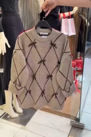 Beige Diamond-Pattern Knit Sweater
