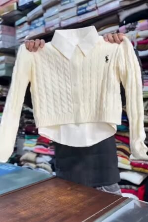 White Knit Sweater with Shirt Layer Display