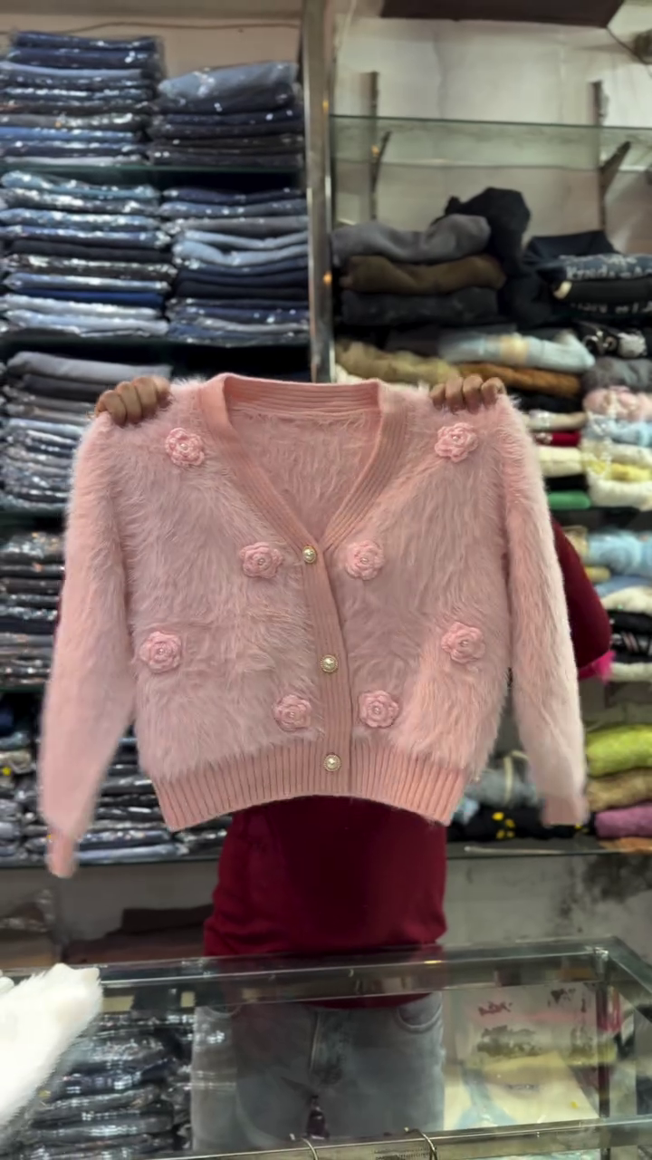 Soft Mauve Floral Embellished Fuzzy Knit Cardigan - Image 3