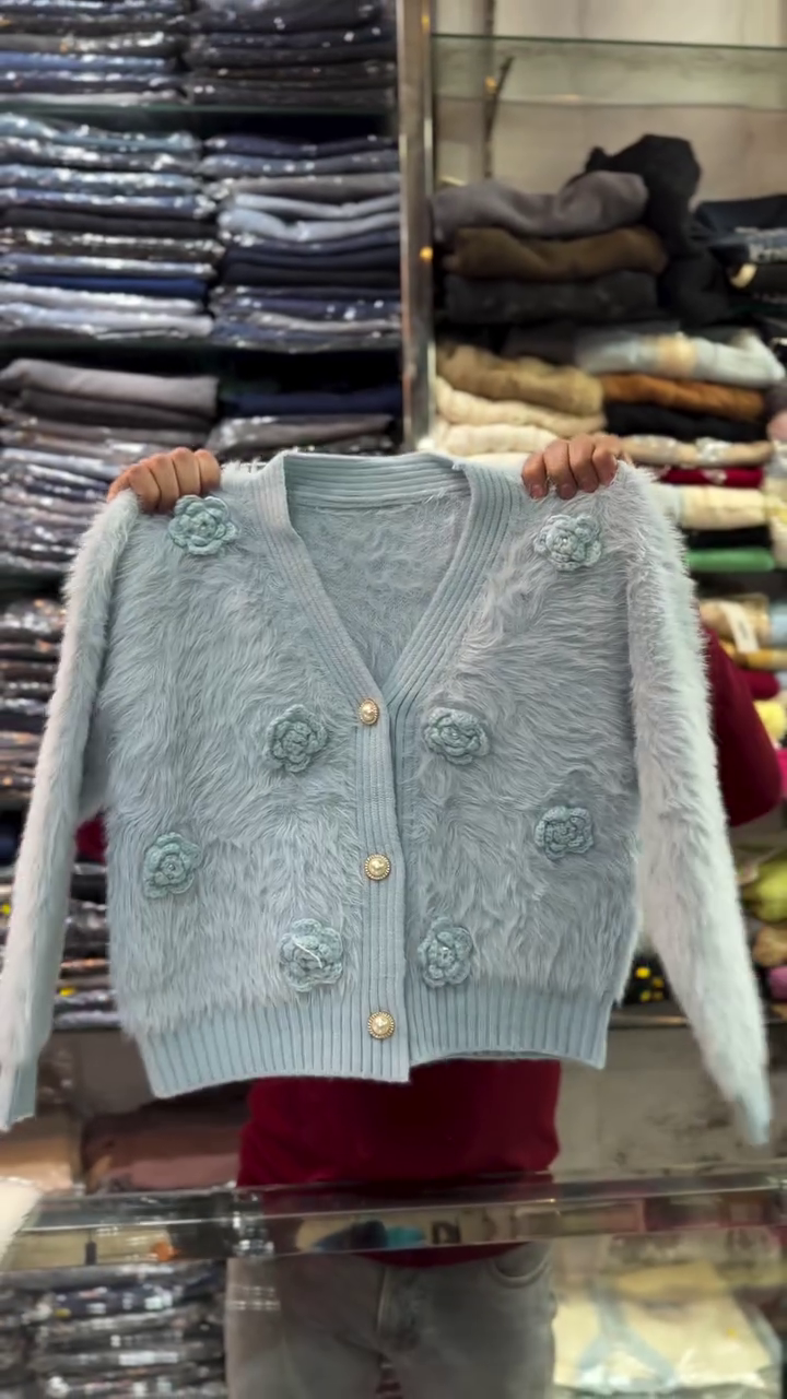 Soft Mauve Floral Embellished Fuzzy Knit Cardigan - Image 2