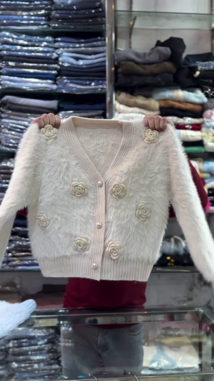 Soft Mauve Floral Embellished Fuzzy Knit Cardigan - Image 5